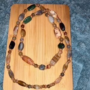 Hand Crafted Earthy Tones Genuine Gemstone Hand Strung Necklace 32”